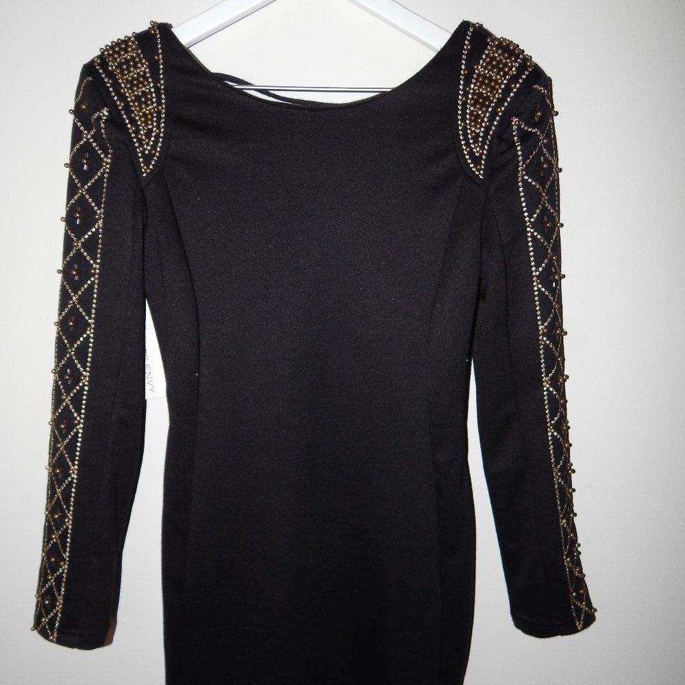 Long Sleeve Black Dress with Bronzed Beading